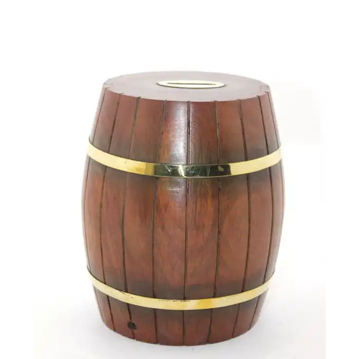 Pirinç Ahşap Fıçı Kumbara 18 Cm