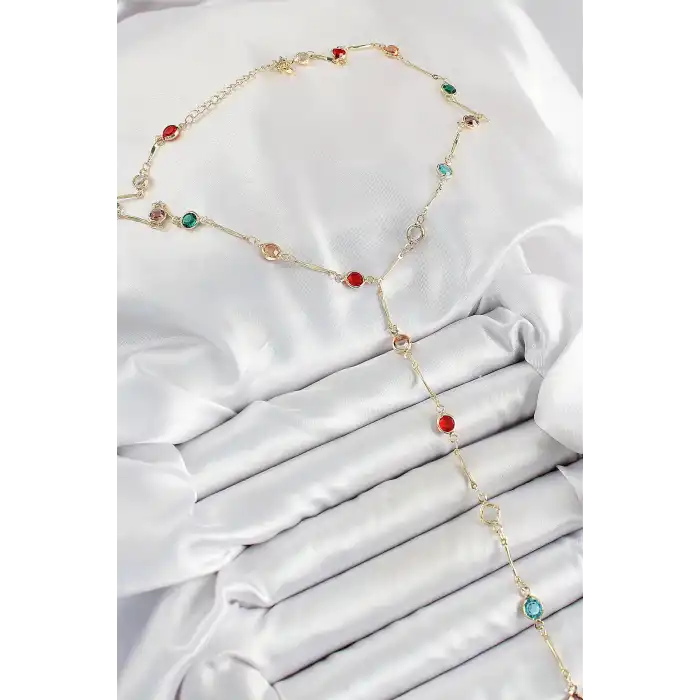 Pirinç Asorti Model Gold Renk Zirkon Taşlı Y Kolye
