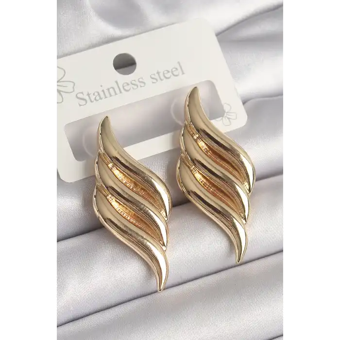 Pirinç Gold Renk 3 Sıra Dalga Model Kadın Küpe