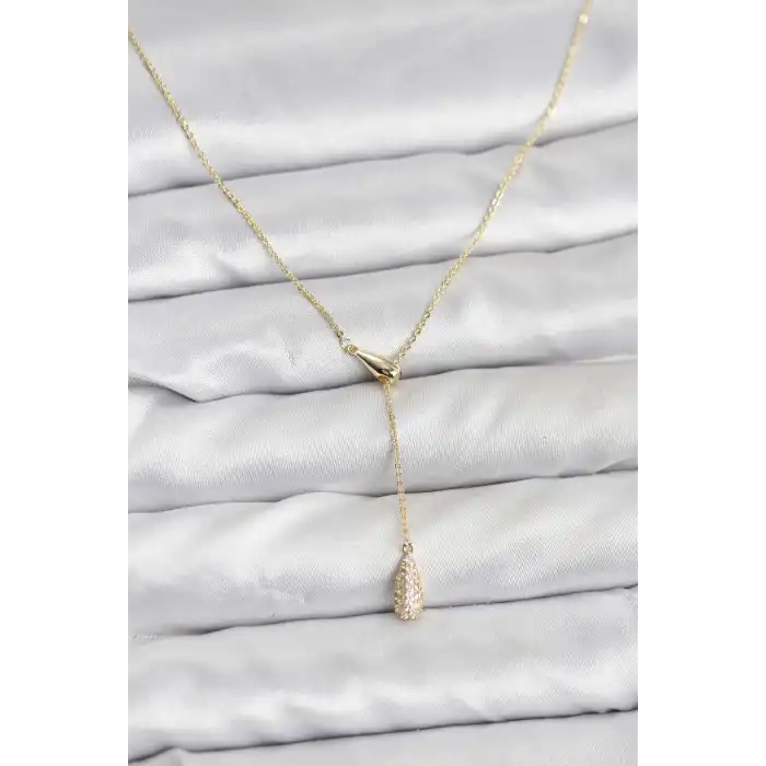 Pirinç Gold Renk Asansörlü Damla Model Kadın Kolye