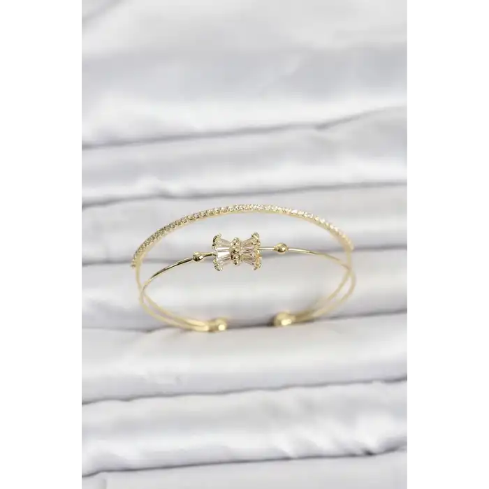 Pirinç Gold Renk Baget Zirkon Taşlı Objeli Kadın Bileklik