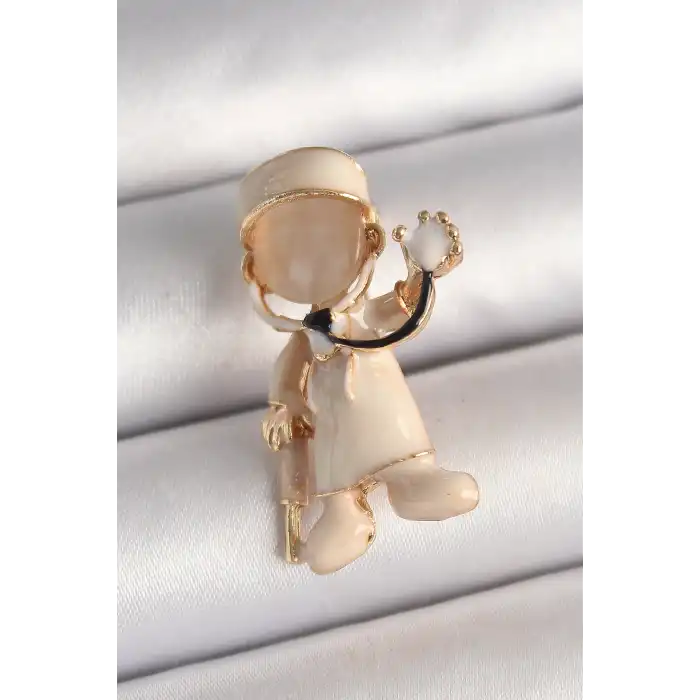 Pirinç Gold Renk Beyaz Mineli Doktor Model Kadın Broş