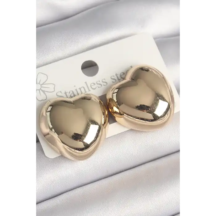 Pirinç Gold Renk Bombe Kalp Model Kadın Küpe