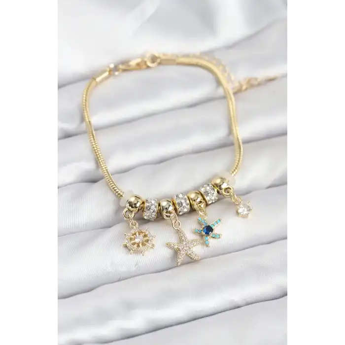 Pirinç Gold Renk Deniz Tema Charmlı Kadın Bileklik