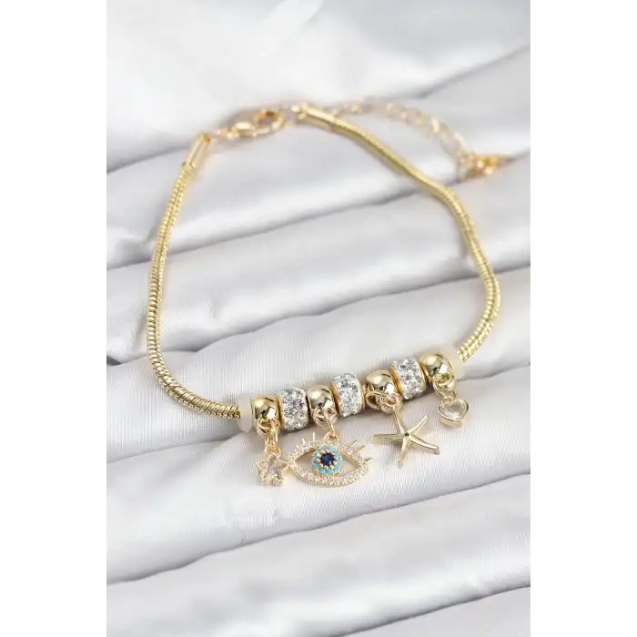 Pirinç Gold Renk Göz Model Charmlı Kadın Bileklik