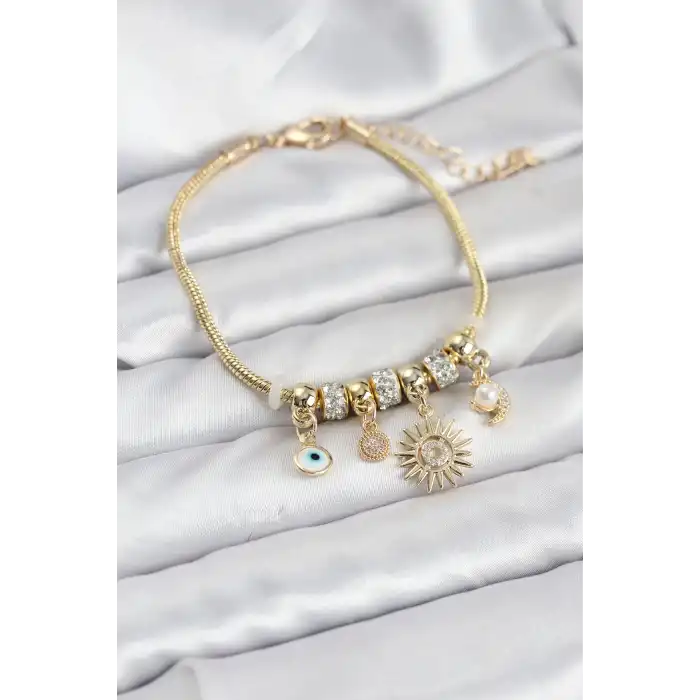 Pirinç Gold Renk Güneş Charmlı Kadın Bileklik