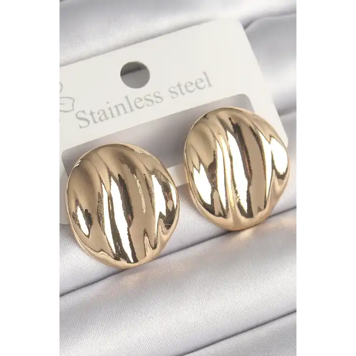 Pirinç Gold Renk İşlemeli Daire Plaka Model Kadın Küpe