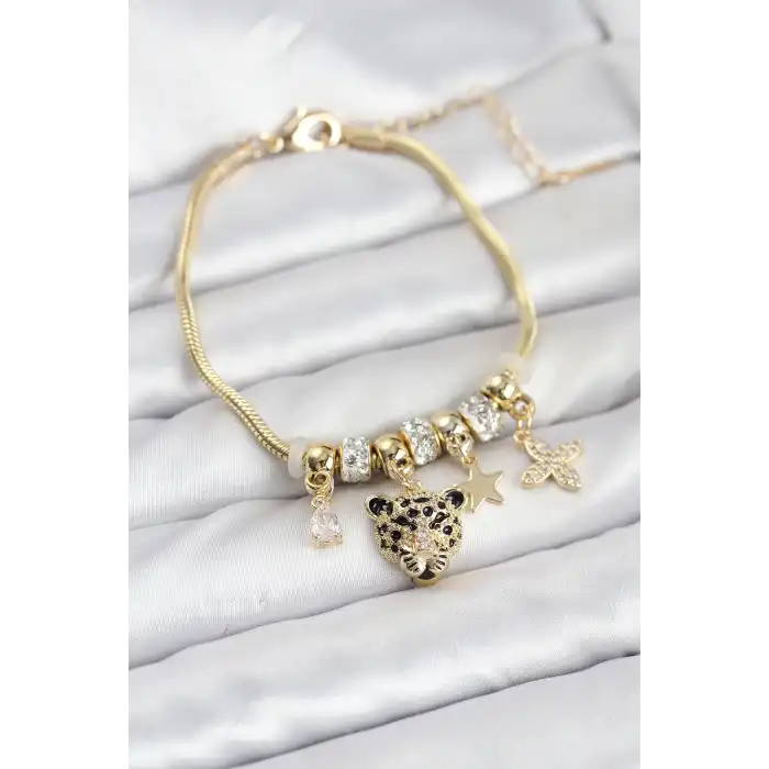 Pirinç Gold Renk Kaplan Model Charmlı Kadın Bileklik
