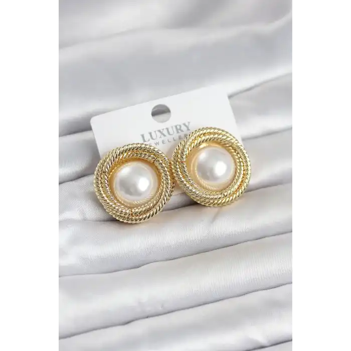 Pirinç Gold Renk Sarmal Model İncili Kadın Küpe