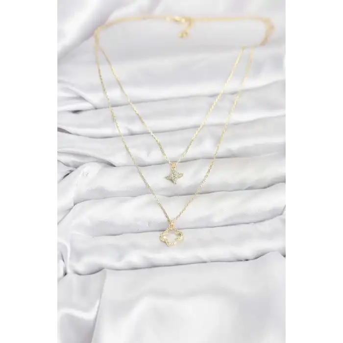 Pirinç Gold Renk Yonca Model 2li Kadın Kolye