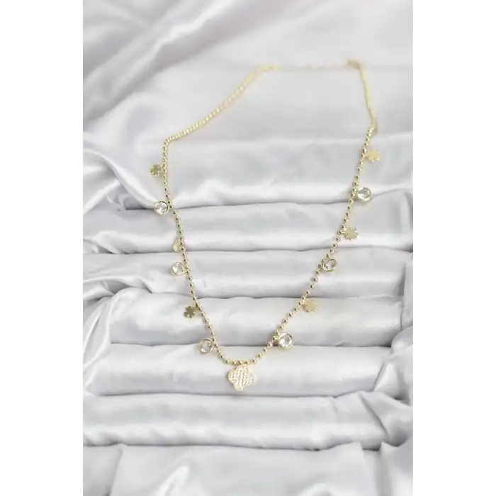 Pirinç Gold Renk Yonca Model Kadın Kolye