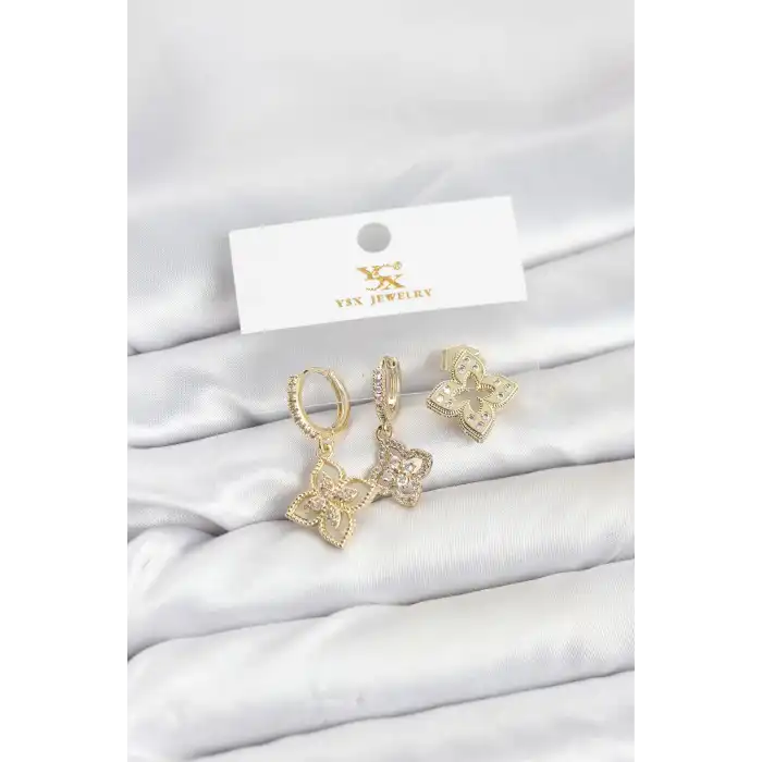 Pirinç Gold Renk Yonca Model YSX Trio Küpe Seti