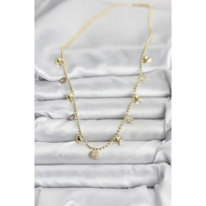 Pirinç Gold Renk Zirkon Taşlı Deniz Kabuğu Model Kadın Kolye