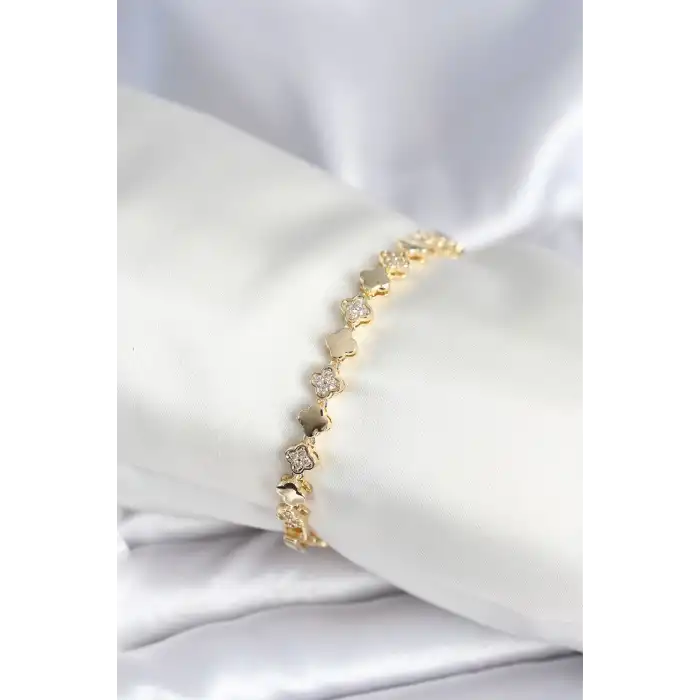 Pirinç Gold Renk Zirkon Taşlı Yonca Model Kadın Bileklik