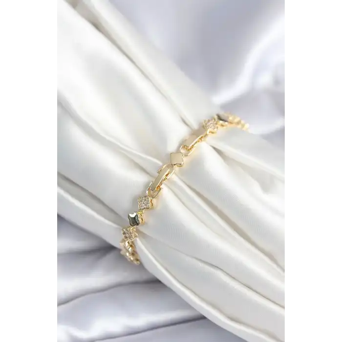Pirinç Gold Renk Zirkon Taşlı Yonca Model Kadın Bileklik