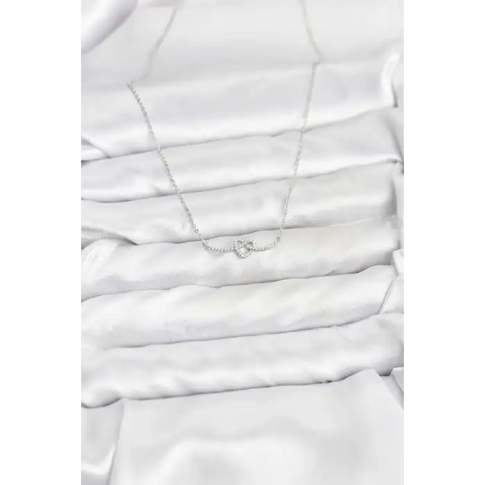 Pirinç Gümüş Renk Düğüm Kalp Model Kadın Kolye
