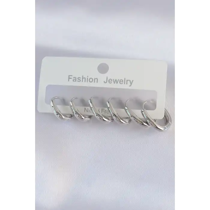 Pirinç Gümüş Renk Oval Küpe Seti