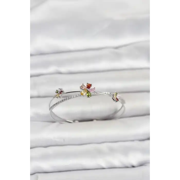 Pirinç Gümüş Renk Renkli Çiçek Model Kadın Bileklik