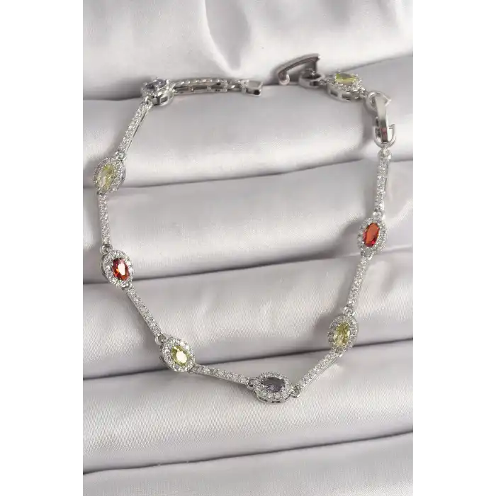 Pirinç Gümüş Renk Renkli Zirkon Taşlı Damla Taş Model Kadın Bileklik