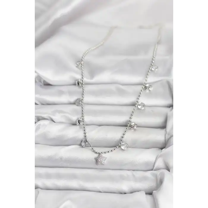Pirinç Gümüş Renk Yıldız Model Kadın Kolye