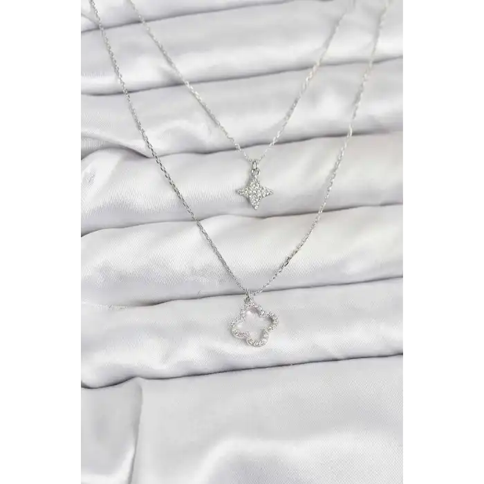 Pirinç Gümüş Renk Yonca Model 2li Kadın Kolye