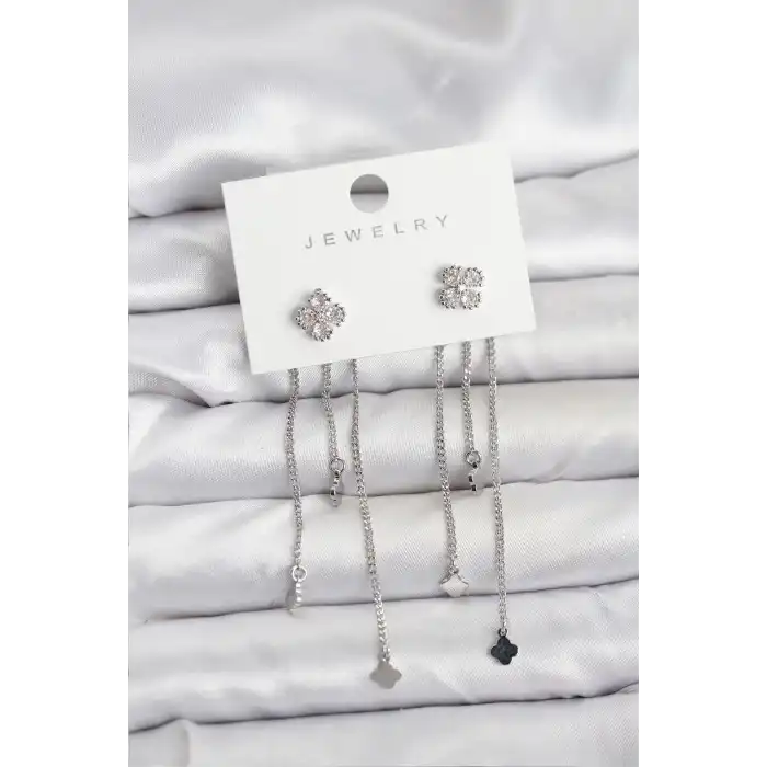 Pirinç Gümüş Renk Yonca Model Sallantılı Kadın Küpe