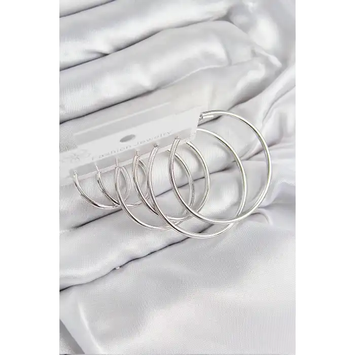 Pirinç Halka Model Gümüş Renk Kadın Set Küpe