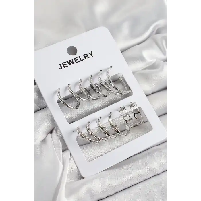 Pirinç Karışık Halka Model Gümüş Renk 6 Çift Kadın Küpe Set