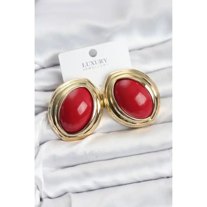 Pirinç Kırmızı Badem Model Vintage Gold Kadın Küpe