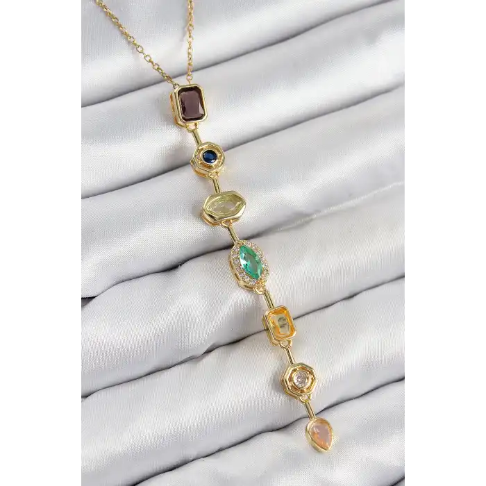 Pirinç Renkli Zirkon Taşlı Model Gold Renk 7 Element Kadın Y Kolye