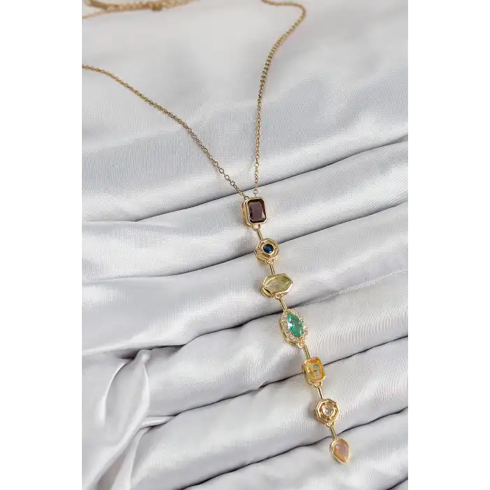 Pirinç Renkli Zirkon Taşlı Model Gold Renk 7 Element Kadın Y Kolye