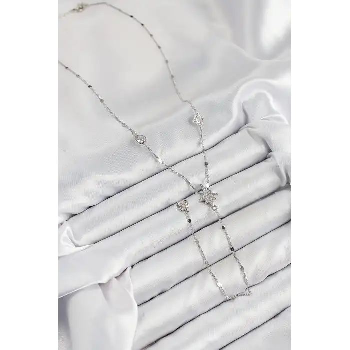 Pirinç Zirkon Taşlı Kutup Yıldızı Model Gümüş Renk Y Kolye