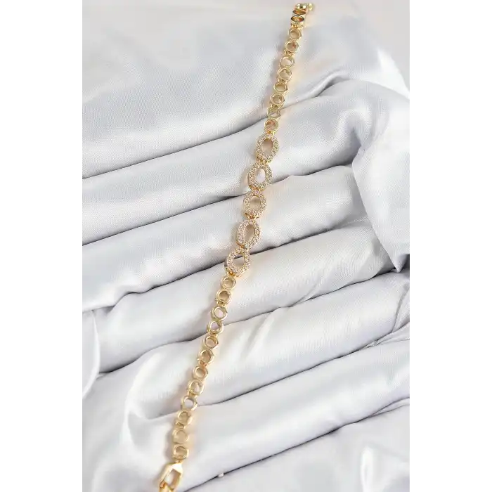 Pirinç Zirkon Taşlı Oval Model Gold Renk Kadın Bileklik