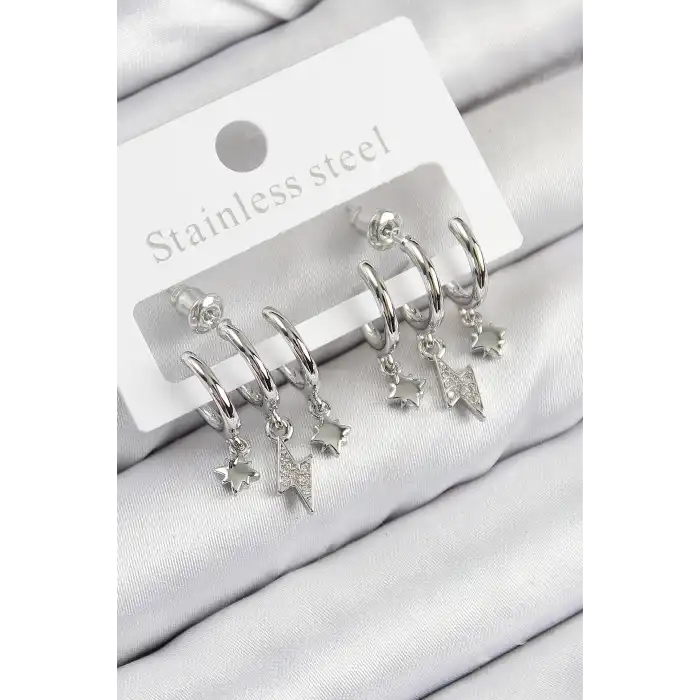 Pirinç Zirkon Taşlı Şimşek Model Gümüş Renk Kadın Küpe