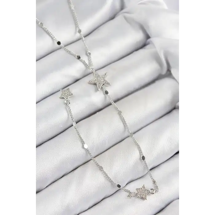 Pirinç Zirkon Taşlı Yıldız Model Gümüş Renk Y Kolye