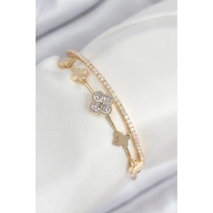 Pirinç Zirkon Taşlı Yonca Model Gold Renk Kadın Bileklik