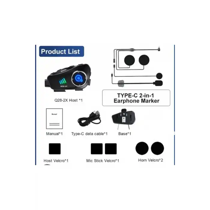 Q28 2x 2 Eşleşmeli Motosiklet Kask Bluetooth Kulaklık 1080p Kamera Su Geçirmez Intercom