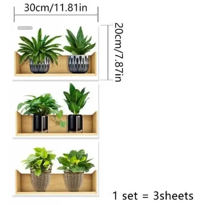 Raflı Bitki Tasarımlı Yapışkanlı Sticker 20*30 cm 3lü Set MC-663