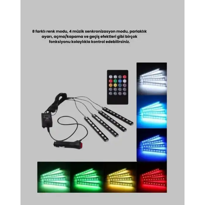 Rgb Müzik Kontrollü Araç Led Işık Seti 48 Led 12v Uzaktan Kumandalı
