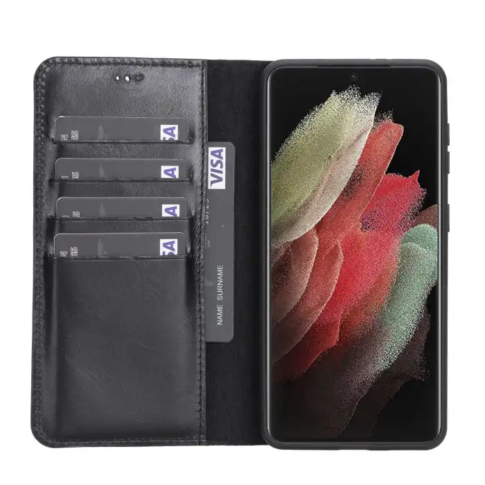 Samsung Galaxy S21 Plus Uyumlu Deri Cüzdanlı Kılıf RST1 Siyah