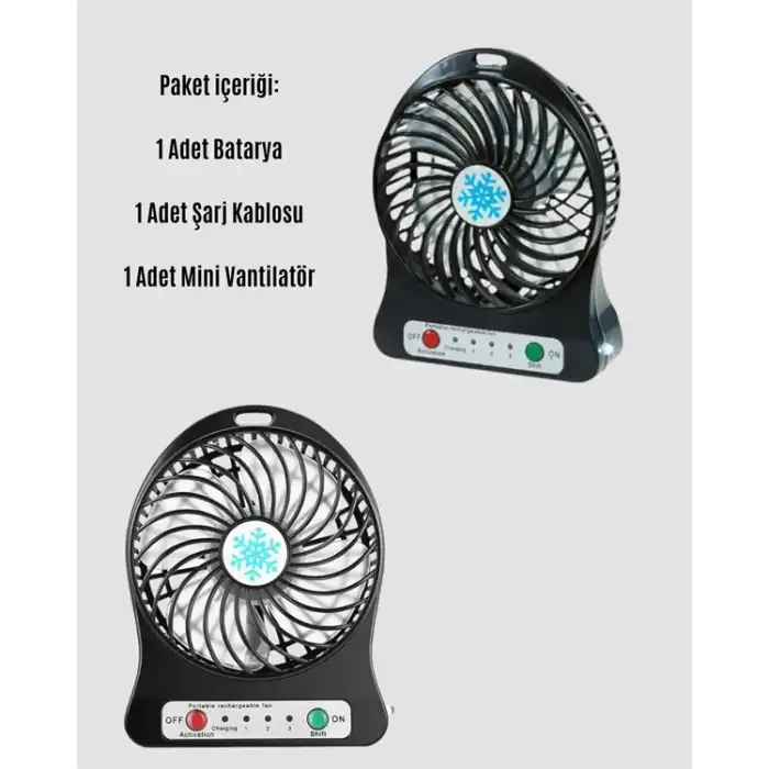Şarjlı Usb Fan – Masaüstü Mini Vantilatör, Taşınabilir, Işıklı, 3 Kademeli, Sessiz