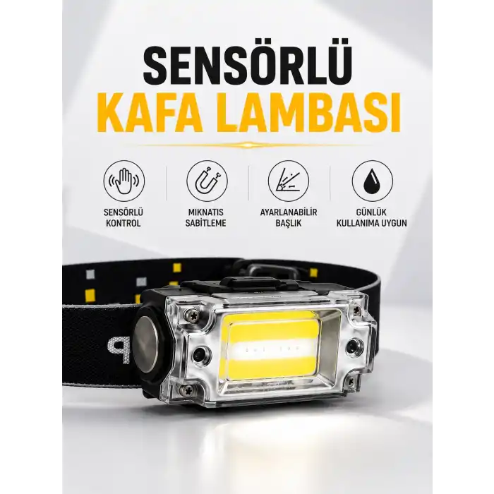 Sensör Kontrollü Şarjlı Beyaz LED Kafa Lambası ve El Feneri