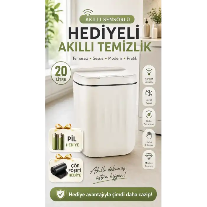 Sensörlü Çöp Kovası 20 Litre Antibakteriyel UV Işık Çöp Torbası Sabitleyici Aparat 4 Pil Hediyeli