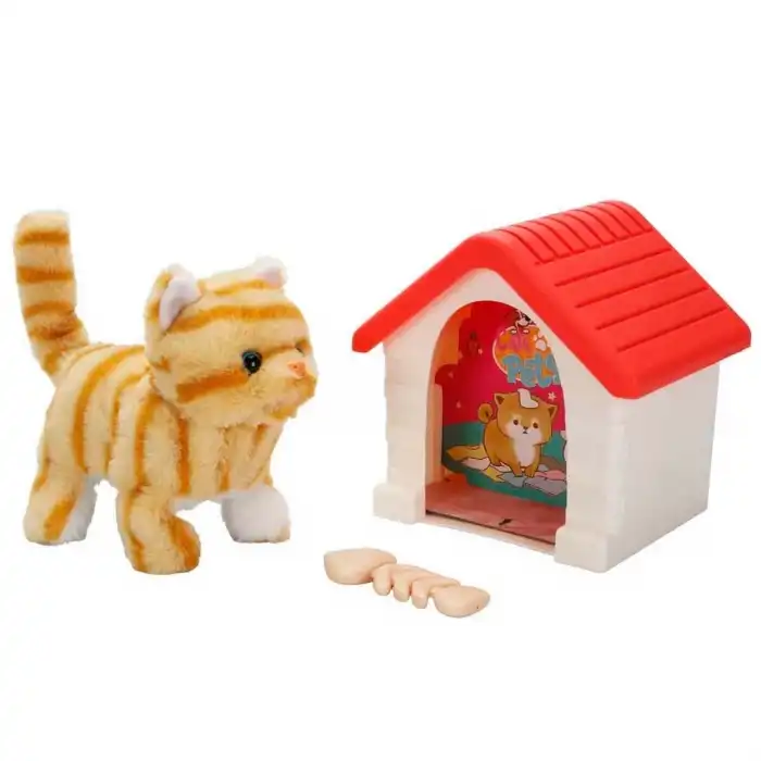 Sesli ve Hareketli Kulübeli Sevimli Peluş Kedi