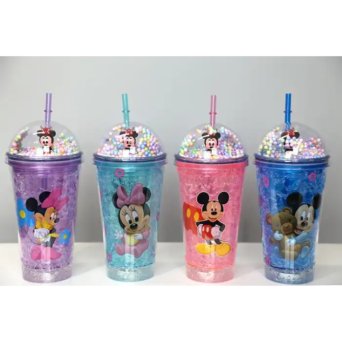 Sevimli Mickey Mouse Pipetli Işıklı Boncuklu Suluk Bardak 400 ml