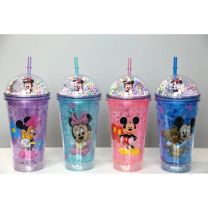 Sevimli Mickey Mouse Pipetli Işıklı Boncuklu Suluk Bardak 400 ml
