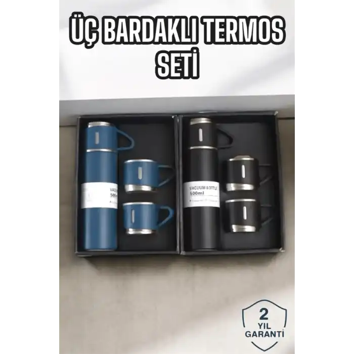 Şık Ve Dayanıklı 3 Bardaklı Termos Seti Uzun Süre Isı Koruma Özellikli
