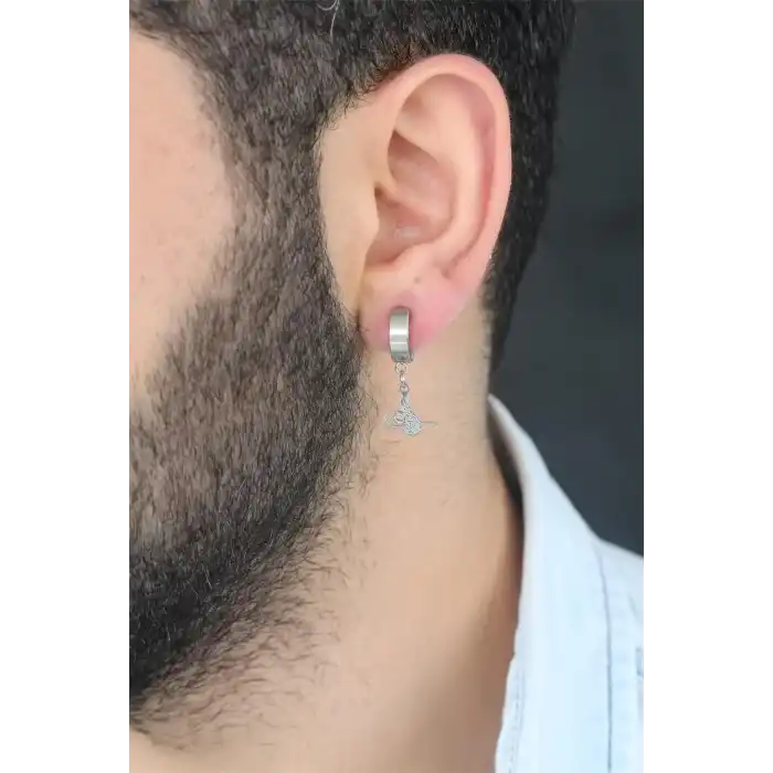 Silver Renk Kaplama Osmanlı Tuğra Figürlü Kıstırmalı Çelik Erkek Küpe