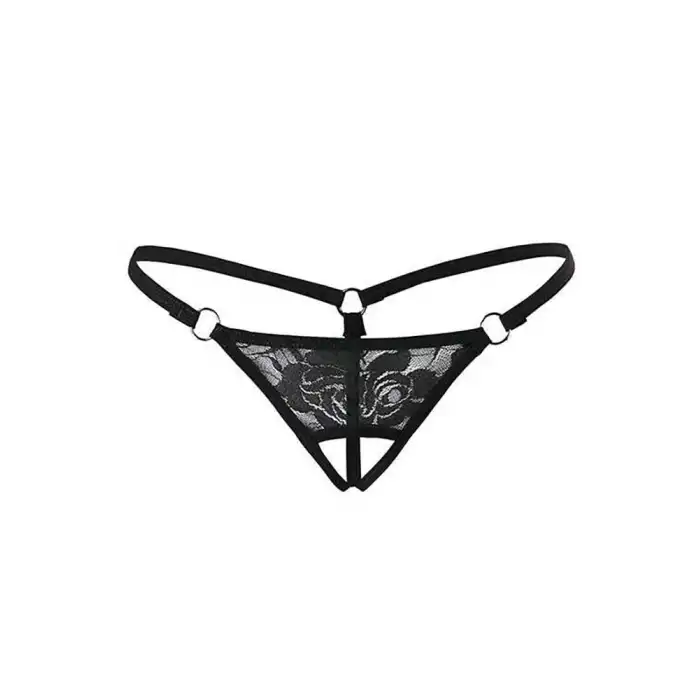 Siyah Dantelli Özel Bölgesi Açık G-String TM1167