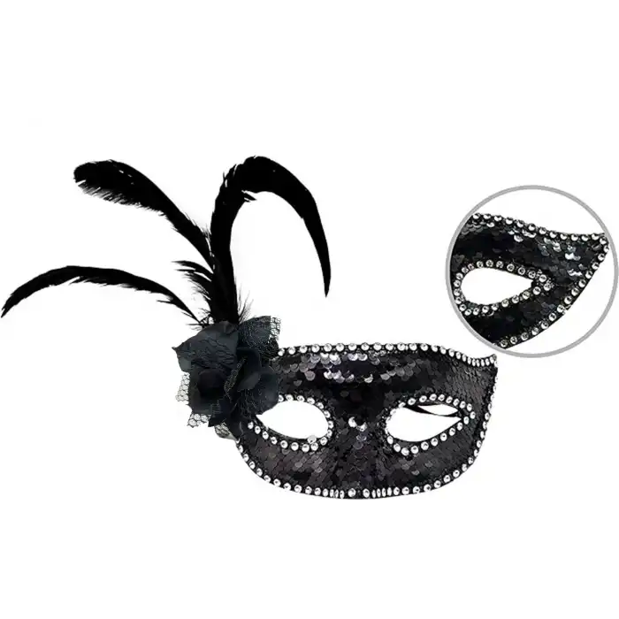 Siyah Yandan Tüylü Güllü Taşlı Pullu Maske